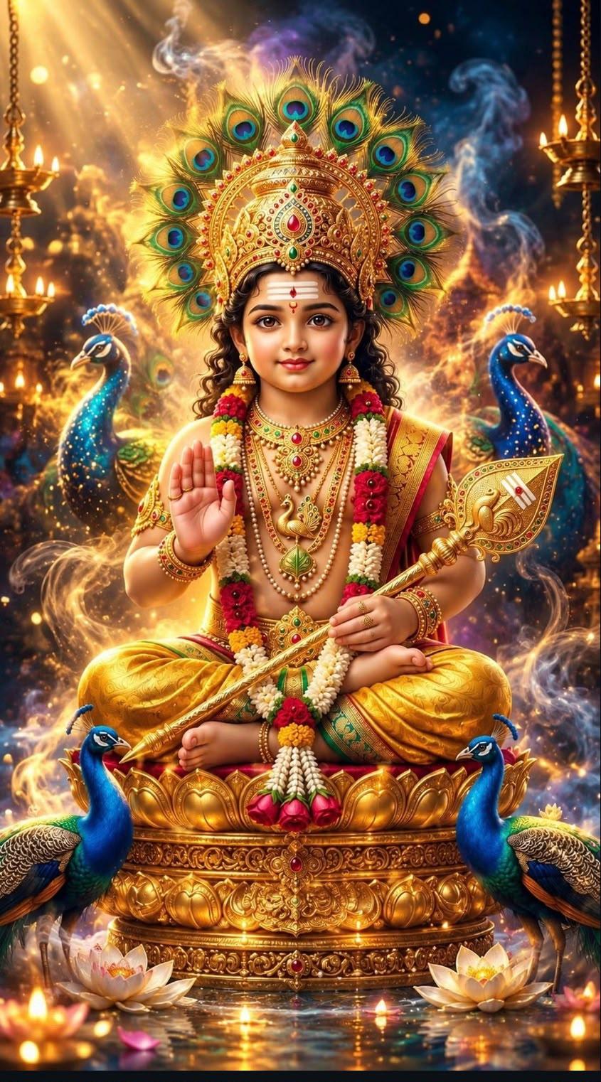 Lord Murugan seated on a golden lotus throne, holding his vel, with peacocks on either side and oil lamps glowing behind